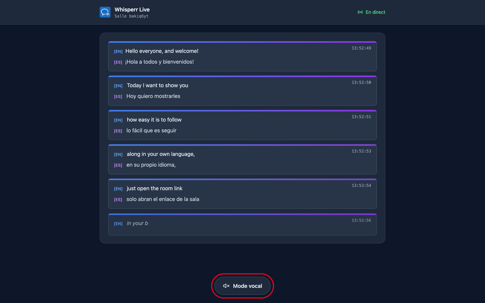 The room page a viewer sees, with live transcription and translation and the Speech mode button at the bottom