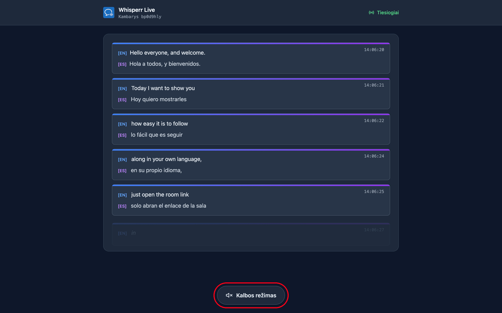 The room page a viewer sees, with live transcription and translation and the Speech mode button at the bottom