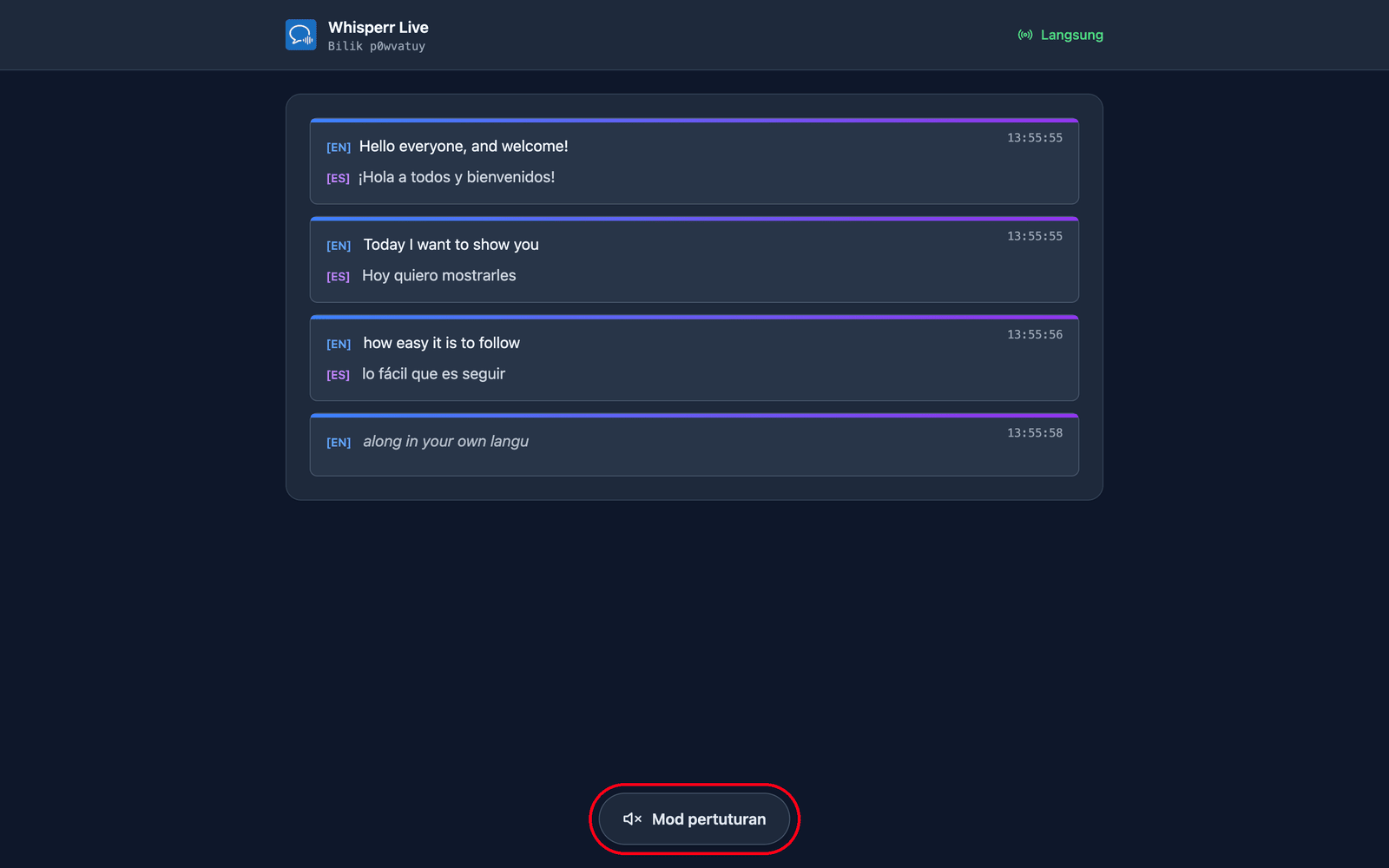 The room page a viewer sees, with live transcription and translation and the Speech mode button at the bottom