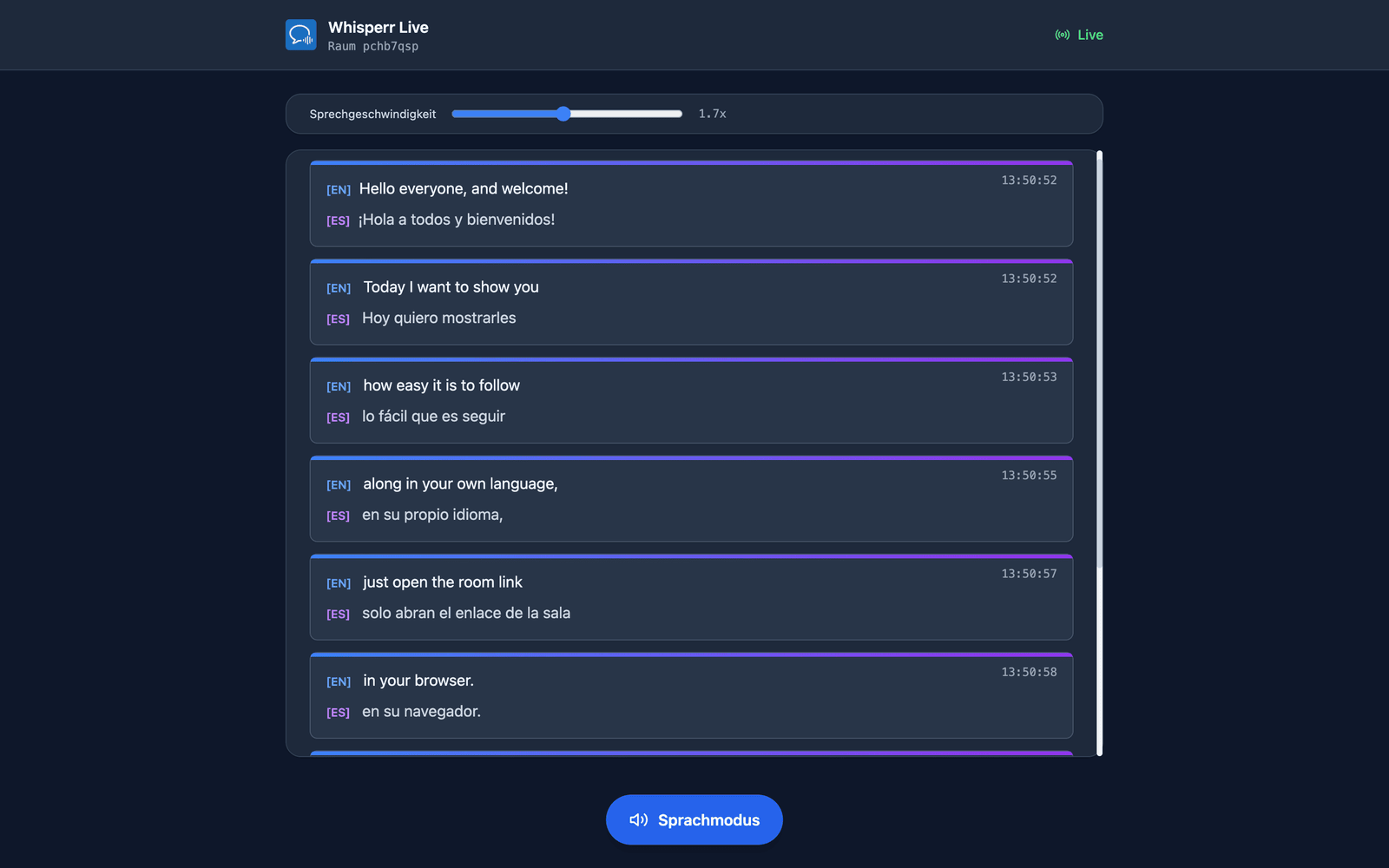 Speech mode turned on in the room, with the Speaking speed slider shown above the transcript