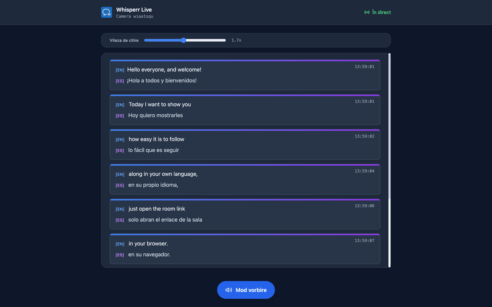 Speech mode turned on in the room, with the Speaking speed slider shown above the transcript