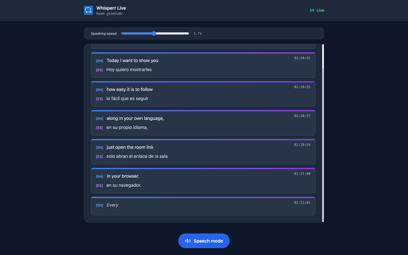 Speech mode turned on in the room, with the Speaking speed slider shown above the transcript