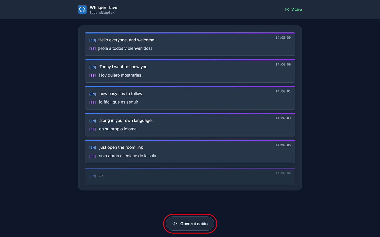The room page a viewer sees, with live transcription and translation and the Speech mode button at the bottom