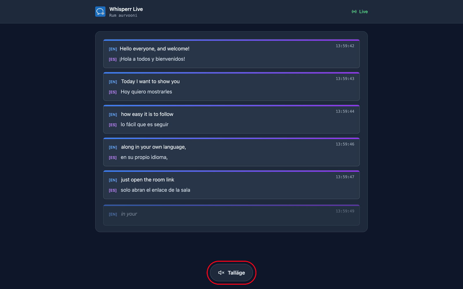 The room page a viewer sees, with live transcription and translation and the Speech mode button at the bottom
