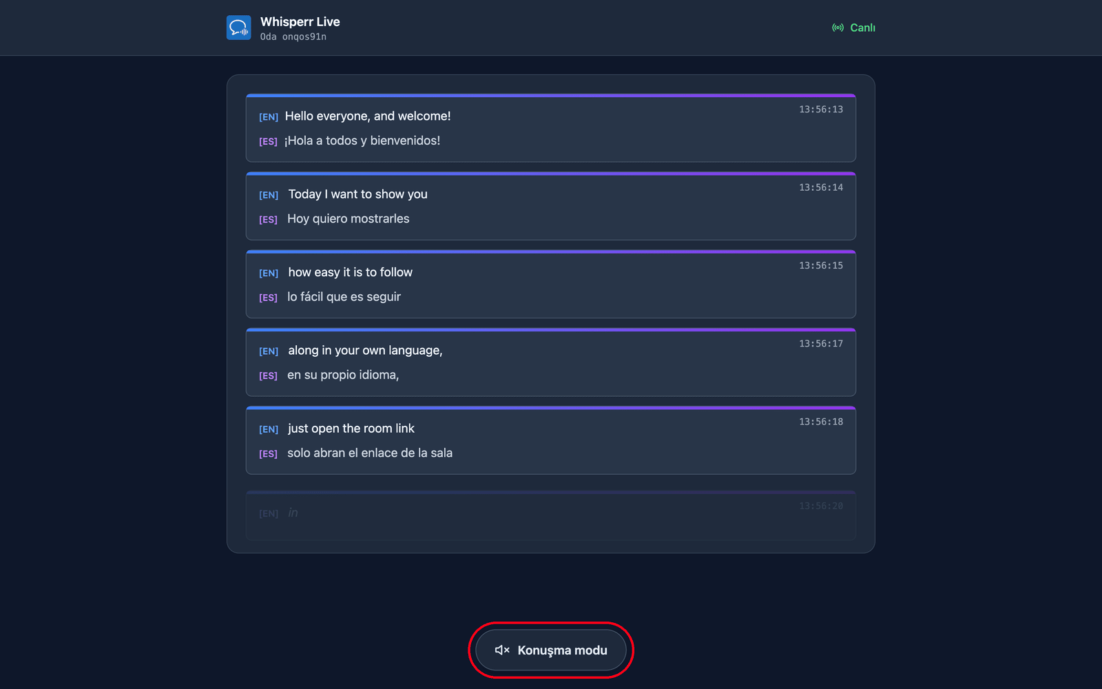 The room page a viewer sees, with live transcription and translation and the Speech mode button at the bottom