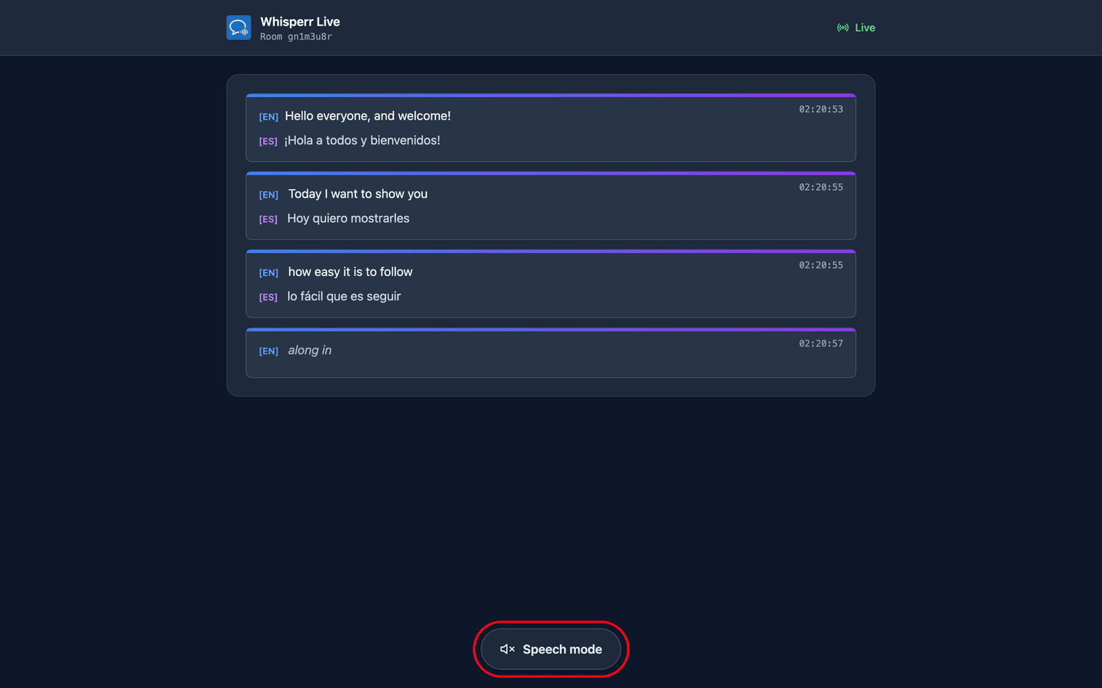 The room page a viewer sees, with live transcription and translation and the Speech mode button at the bottom