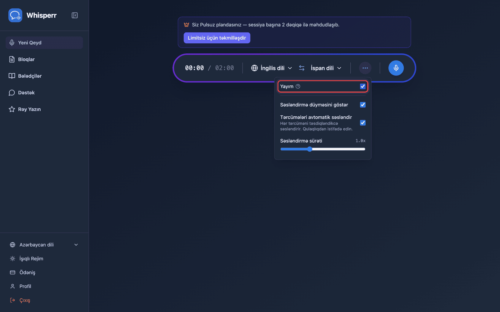 Turning on Broadcast in the recording bar options menu