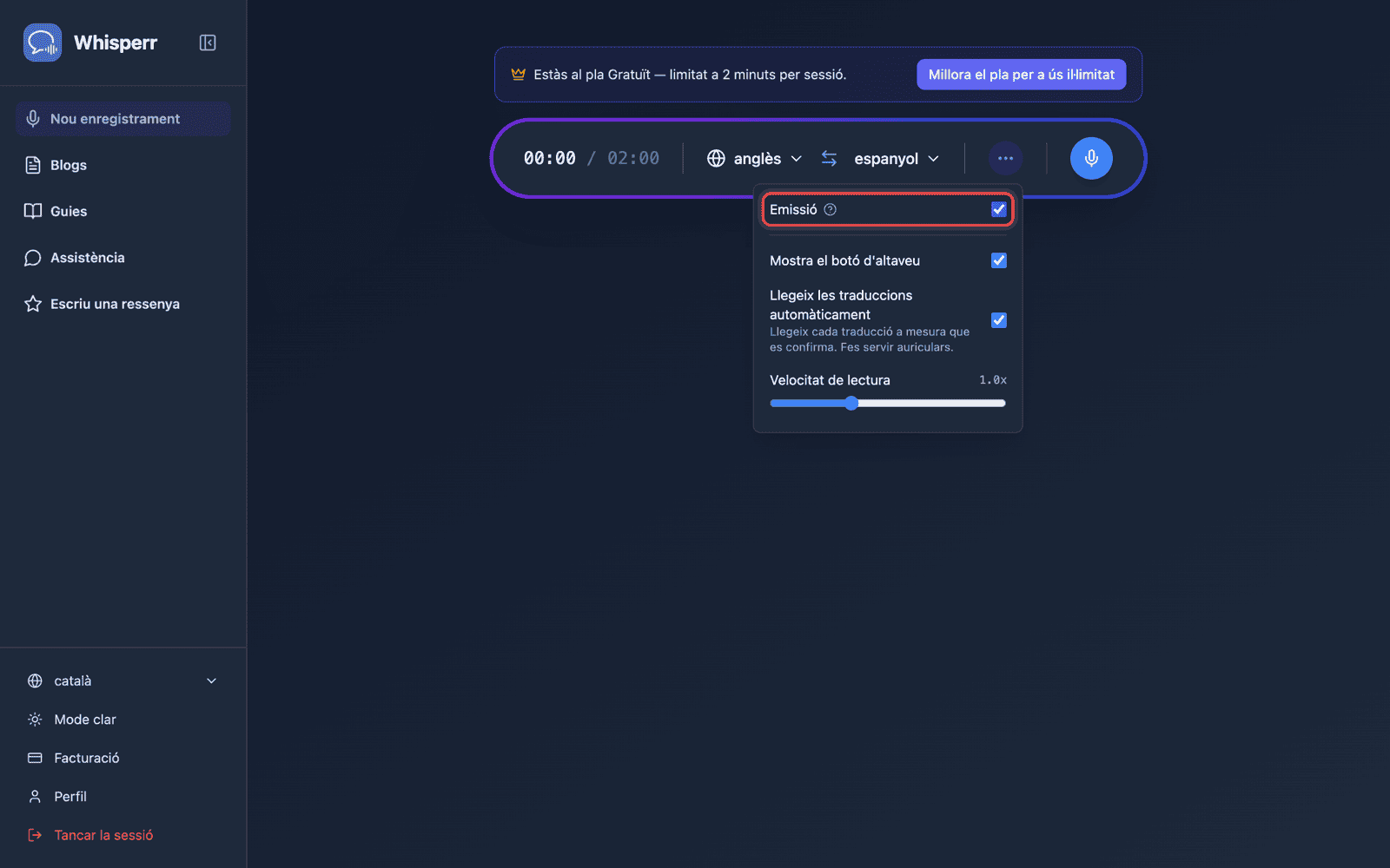 Turning on Broadcast in the recording bar options menu