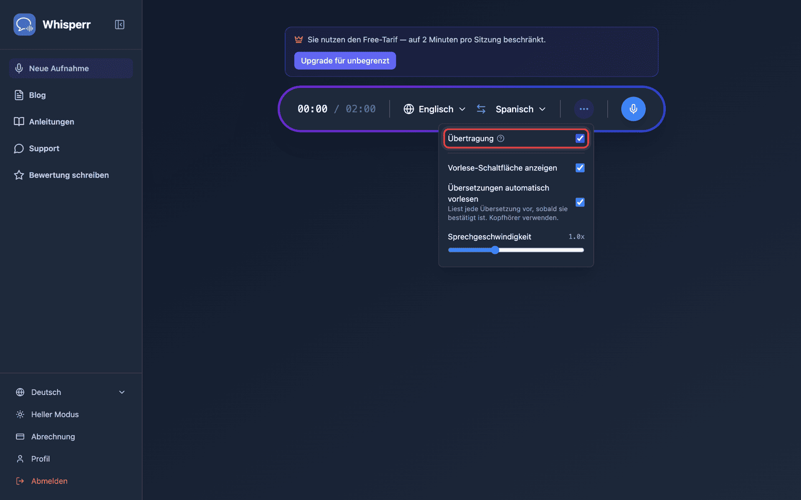 Turning on Broadcast in the recording bar options menu