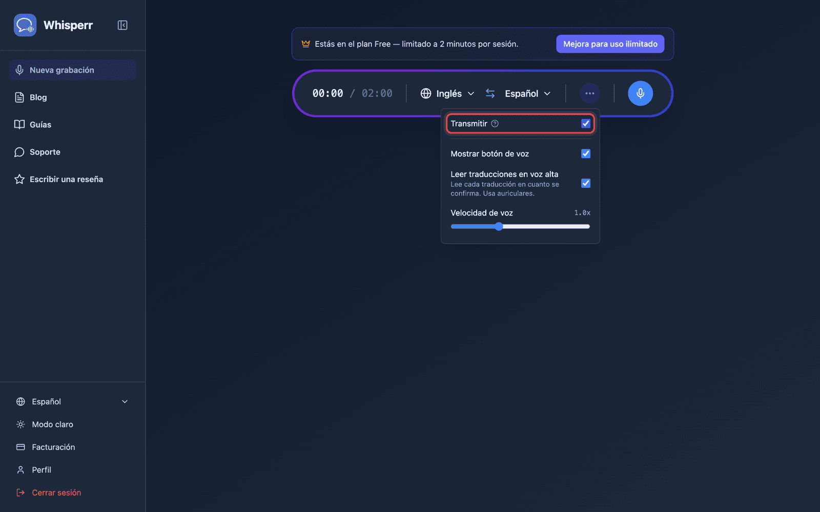 Turning on Broadcast in the recording bar options menu