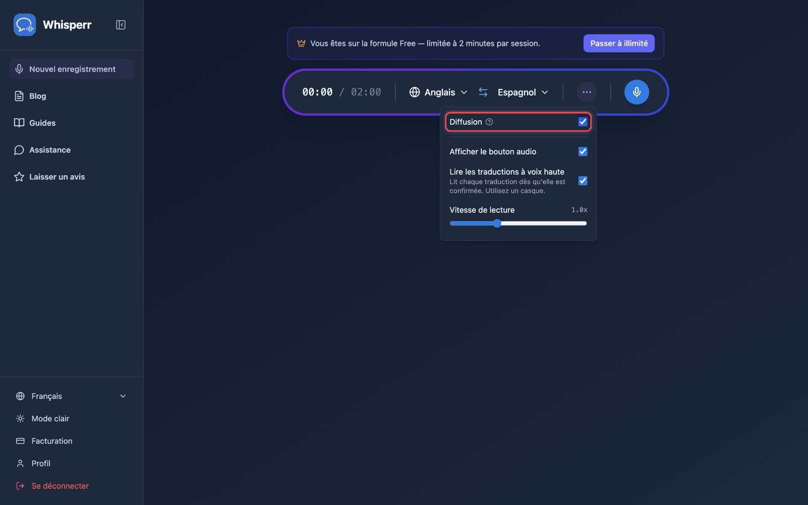 Turning on Broadcast in the recording bar options menu