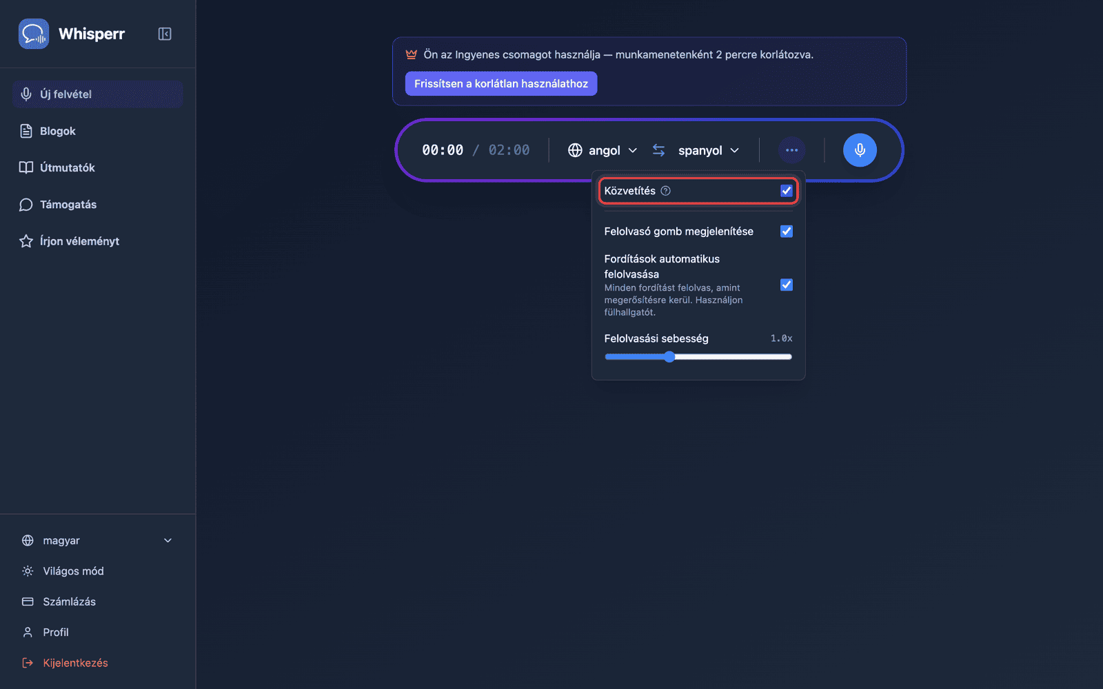 Turning on Broadcast in the recording bar options menu