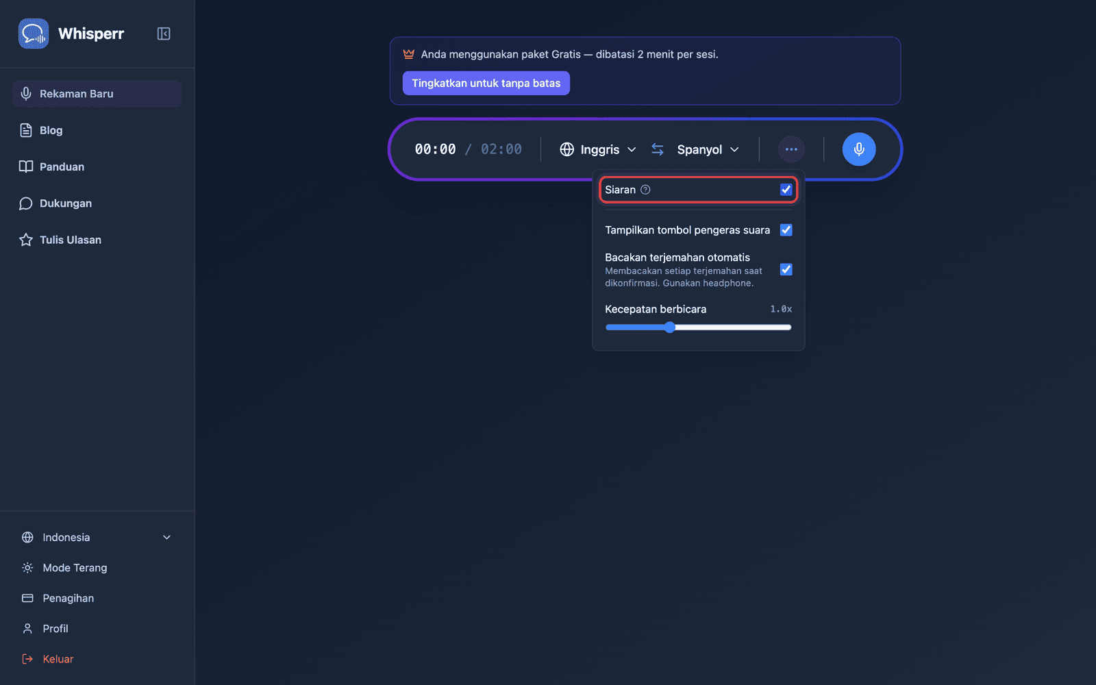 Turning on Broadcast in the recording bar options menu