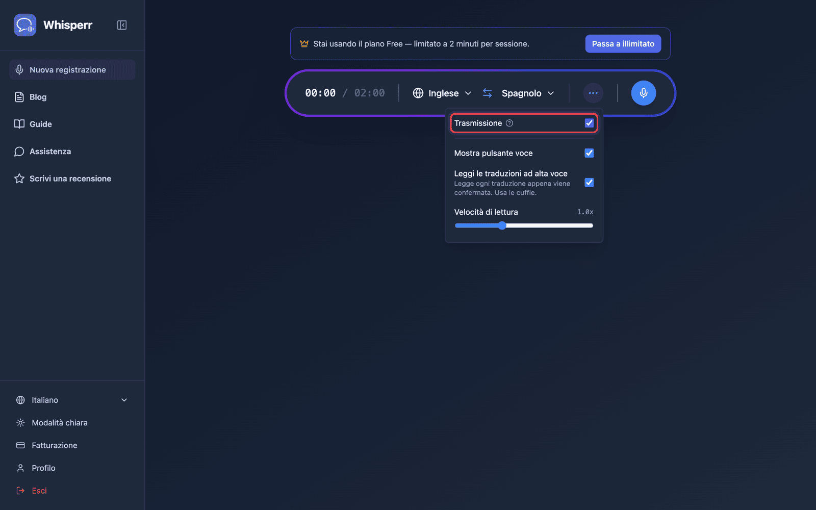 Turning on Broadcast in the recording bar options menu