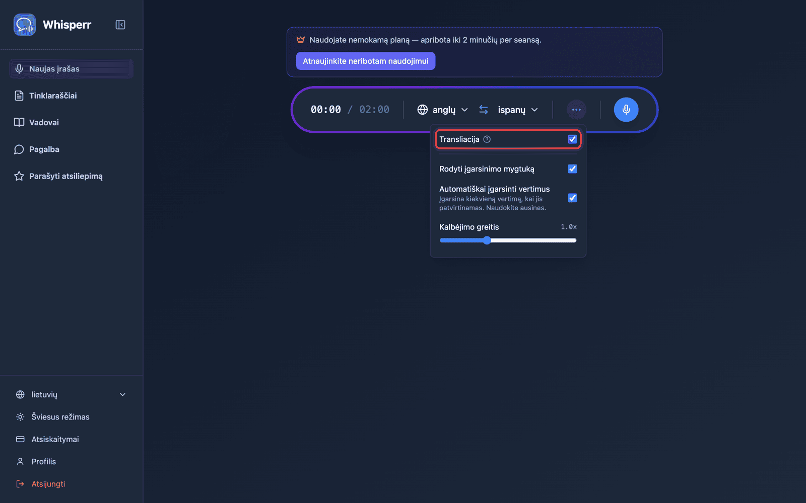 Turning on Broadcast in the recording bar options menu