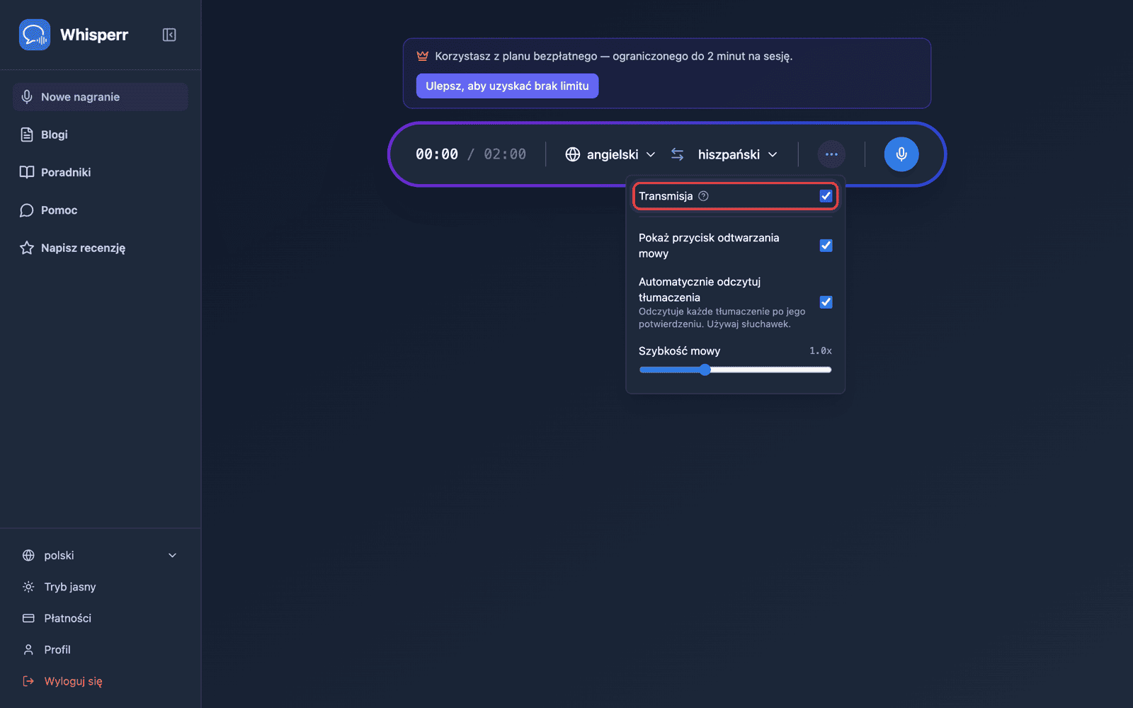 Turning on Broadcast in the recording bar options menu