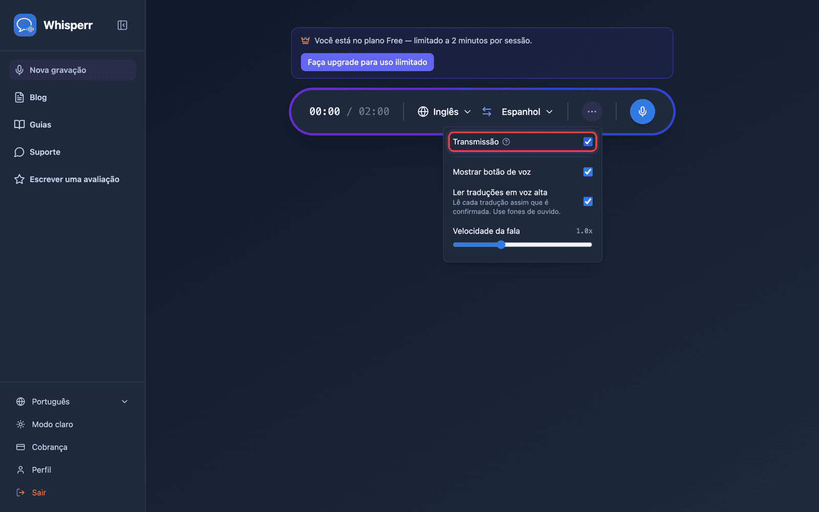 Turning on Broadcast in the recording bar options menu
