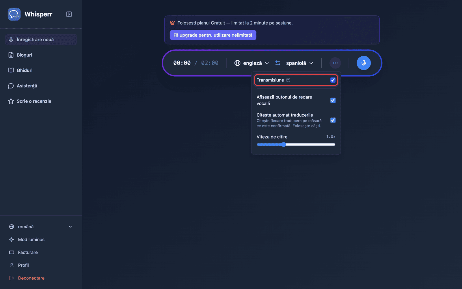 Turning on Broadcast in the recording bar options menu