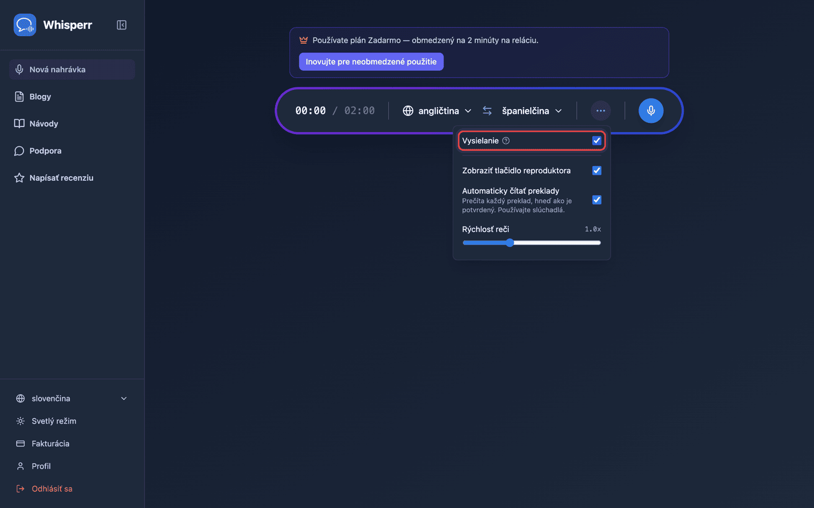 Turning on Broadcast in the recording bar options menu