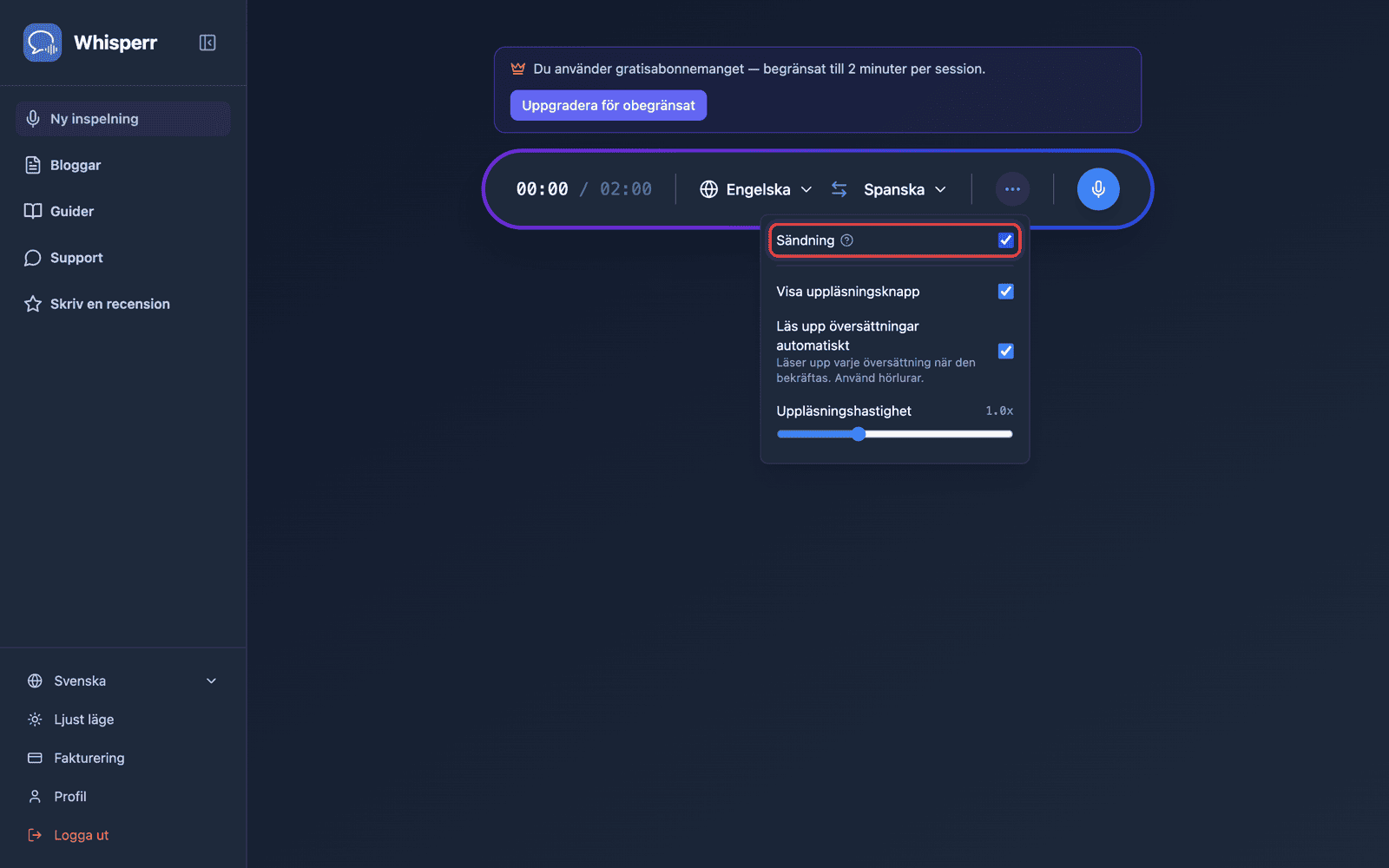 Turning on Broadcast in the recording bar options menu