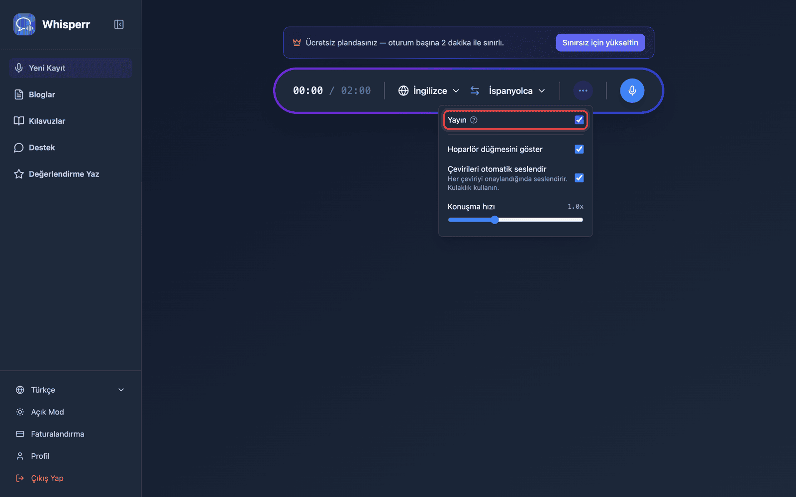 Turning on Broadcast in the recording bar options menu