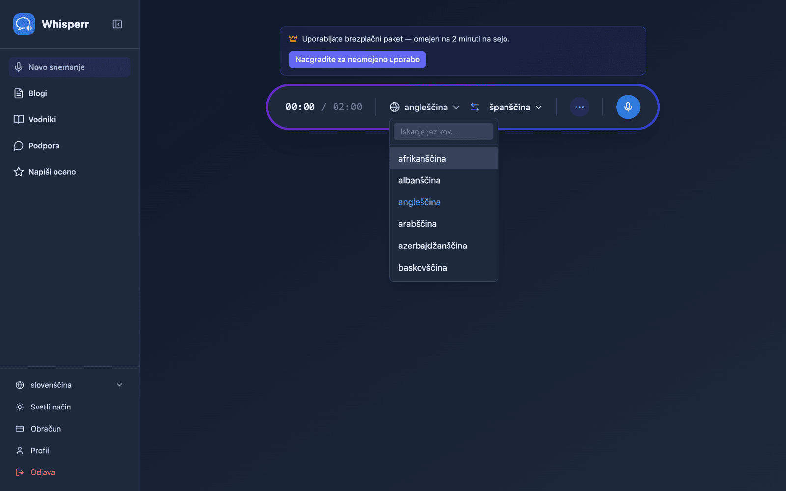 Selecting source and target languages from the language list