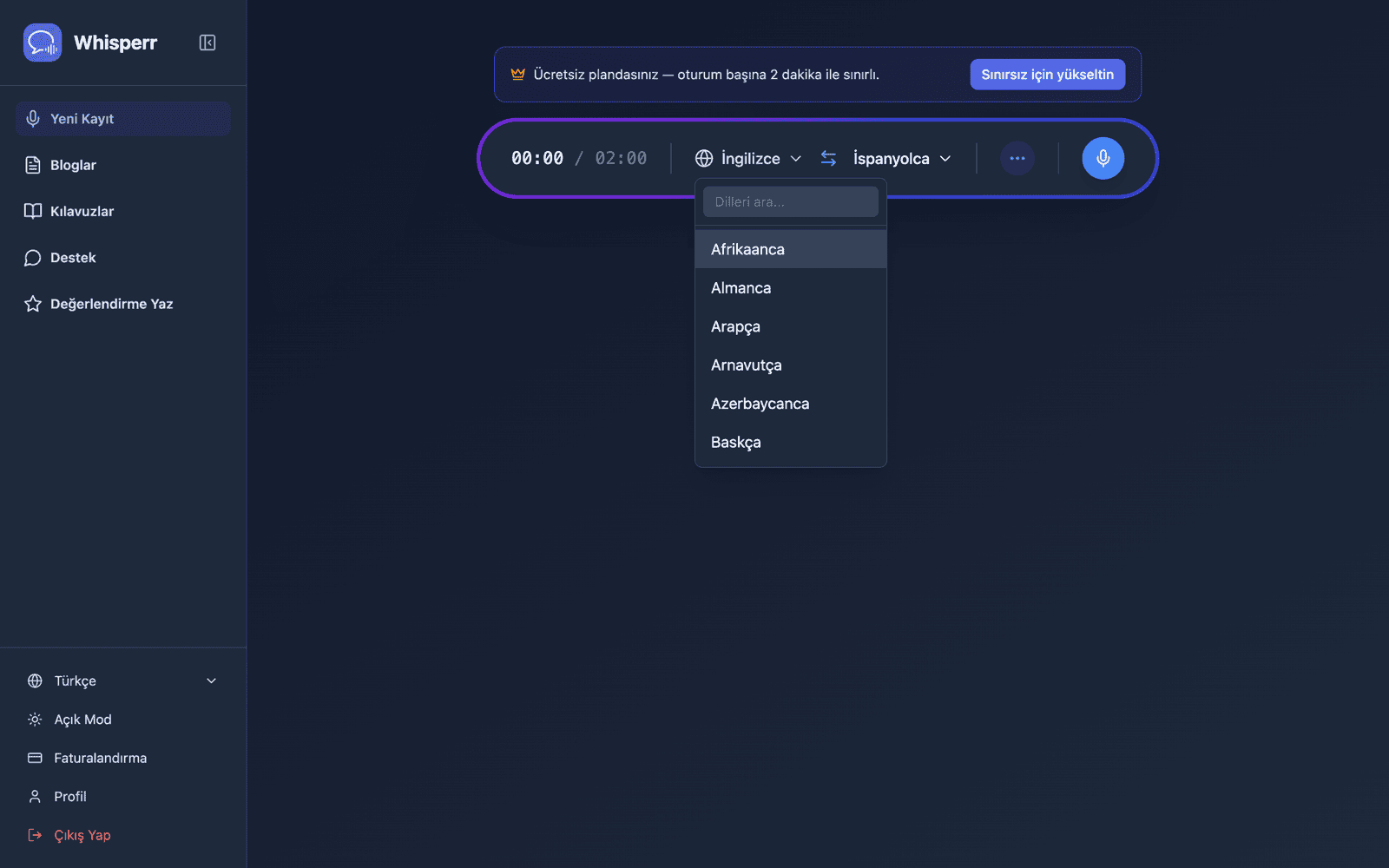 Selecting source and target languages from the language list