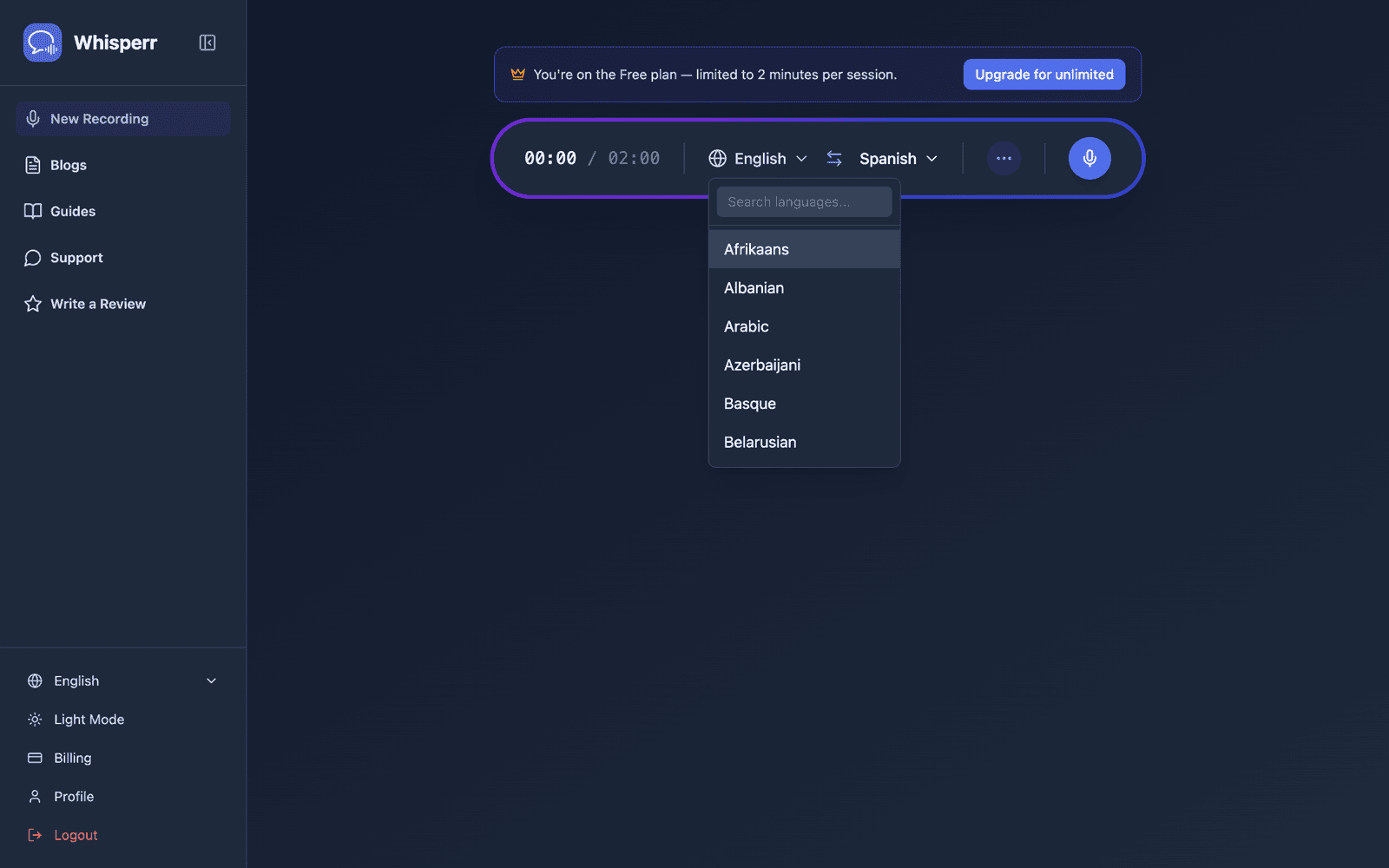 Selecting source and target languages from the language list