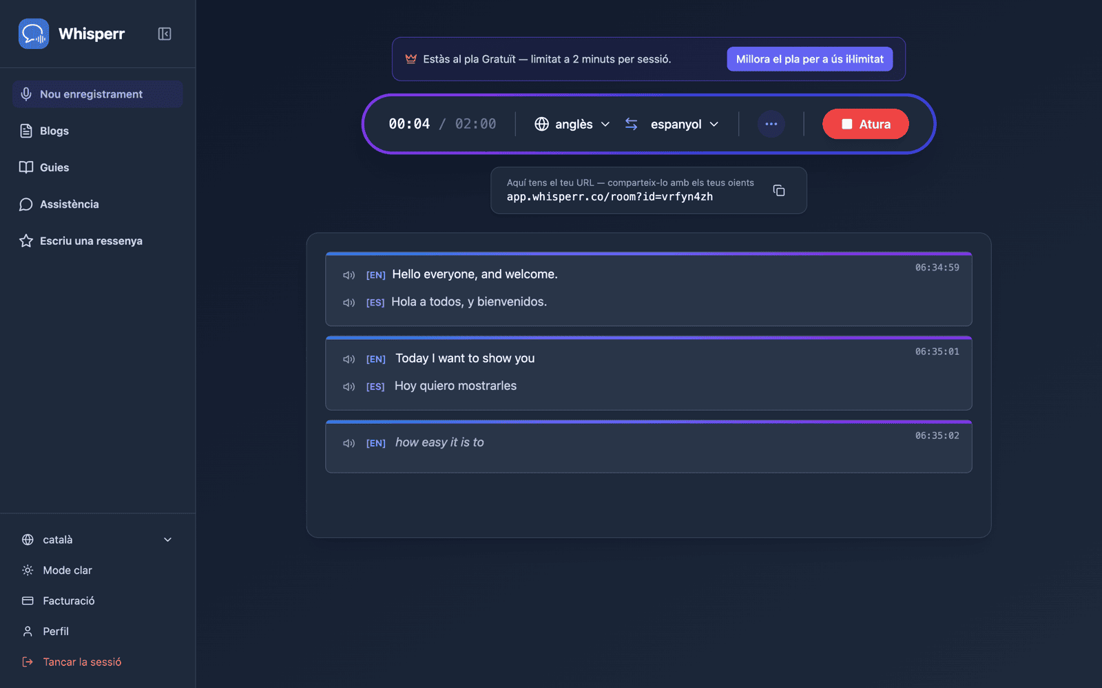 A shareable room URL appears while broadcasting, with live transcription and translation