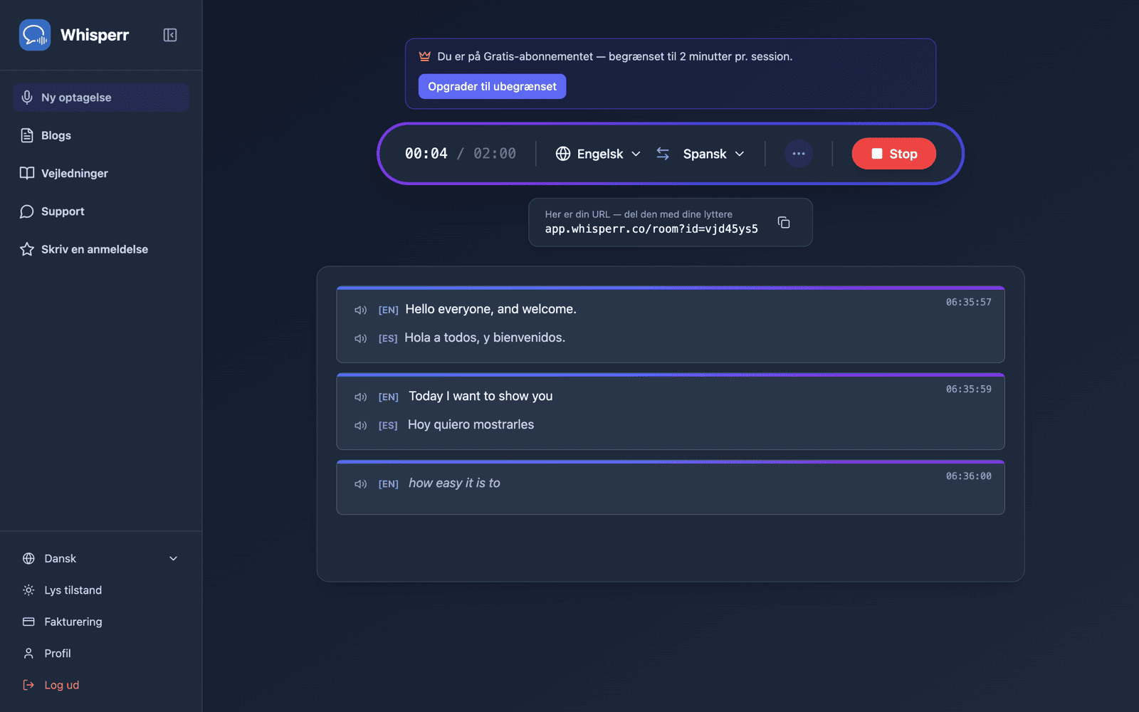 A shareable room URL appears while broadcasting, with live transcription and translation