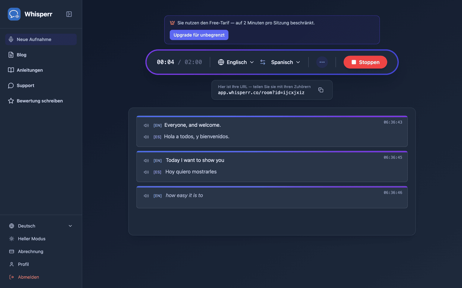 A shareable room URL appears while broadcasting, with live transcription and translation