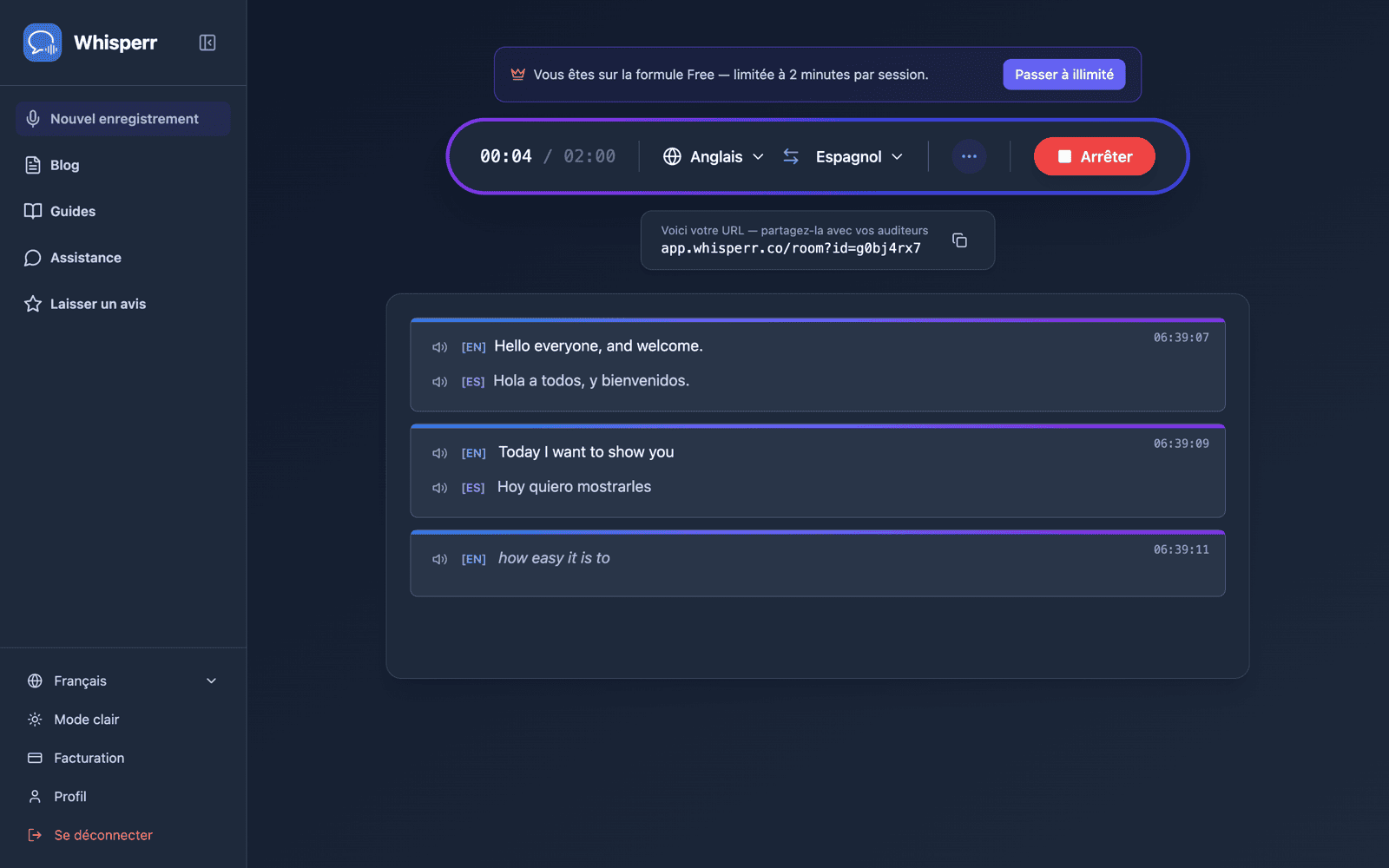 A shareable room URL appears while broadcasting, with live transcription and translation