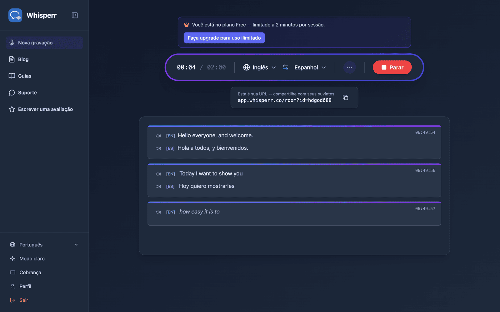 A shareable room URL appears while broadcasting, with live transcription and translation