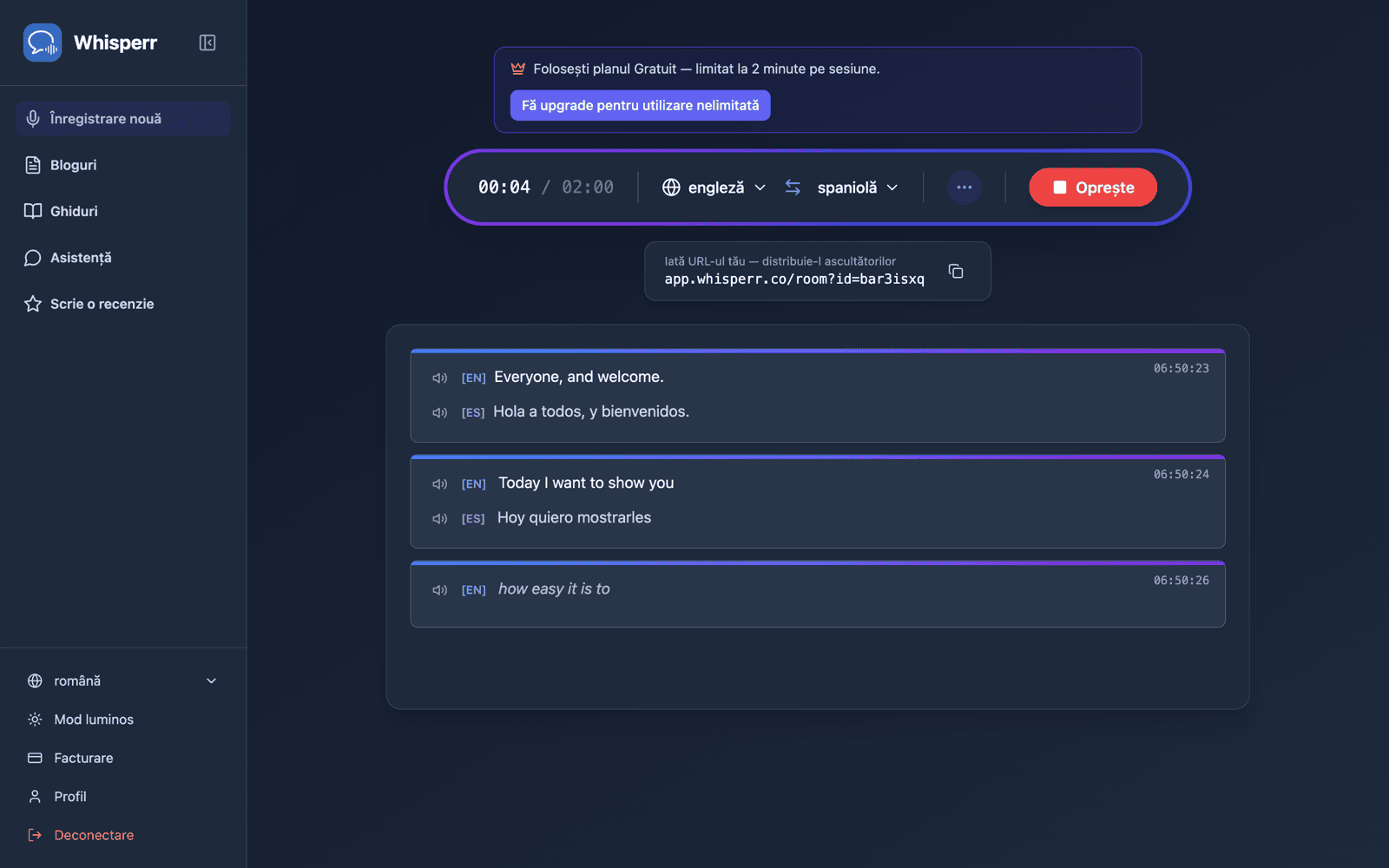 A shareable room URL appears while broadcasting, with live transcription and translation
