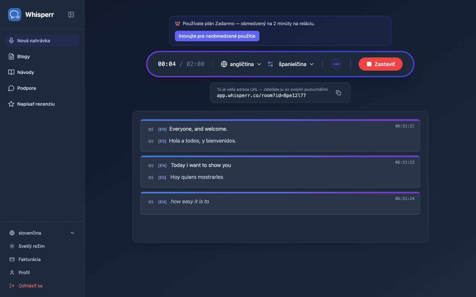 A shareable room URL appears while broadcasting, with live transcription and translation