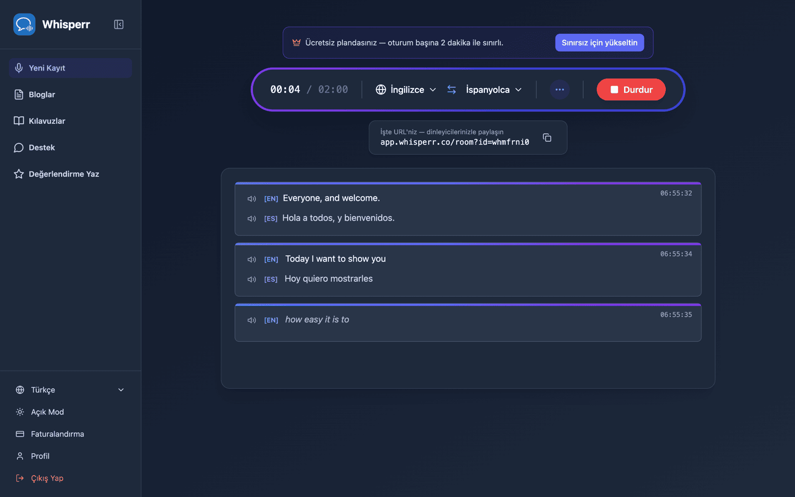 A shareable room URL appears while broadcasting, with live transcription and translation