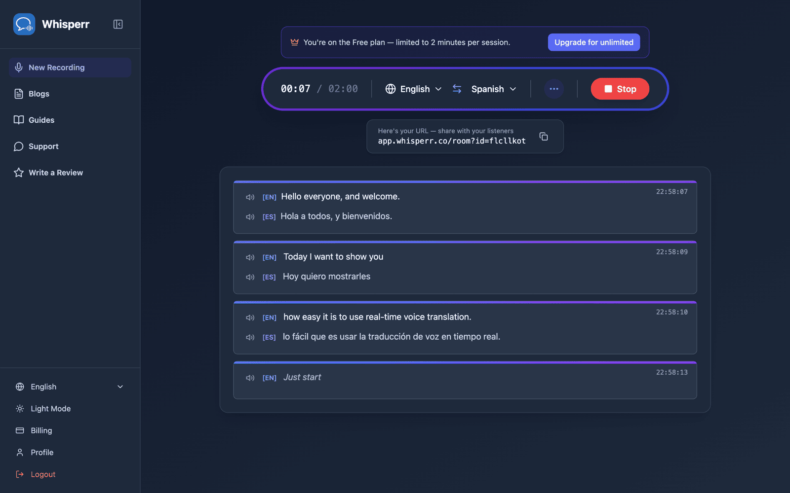 A shareable room URL appears while broadcasting, with live transcription and translation