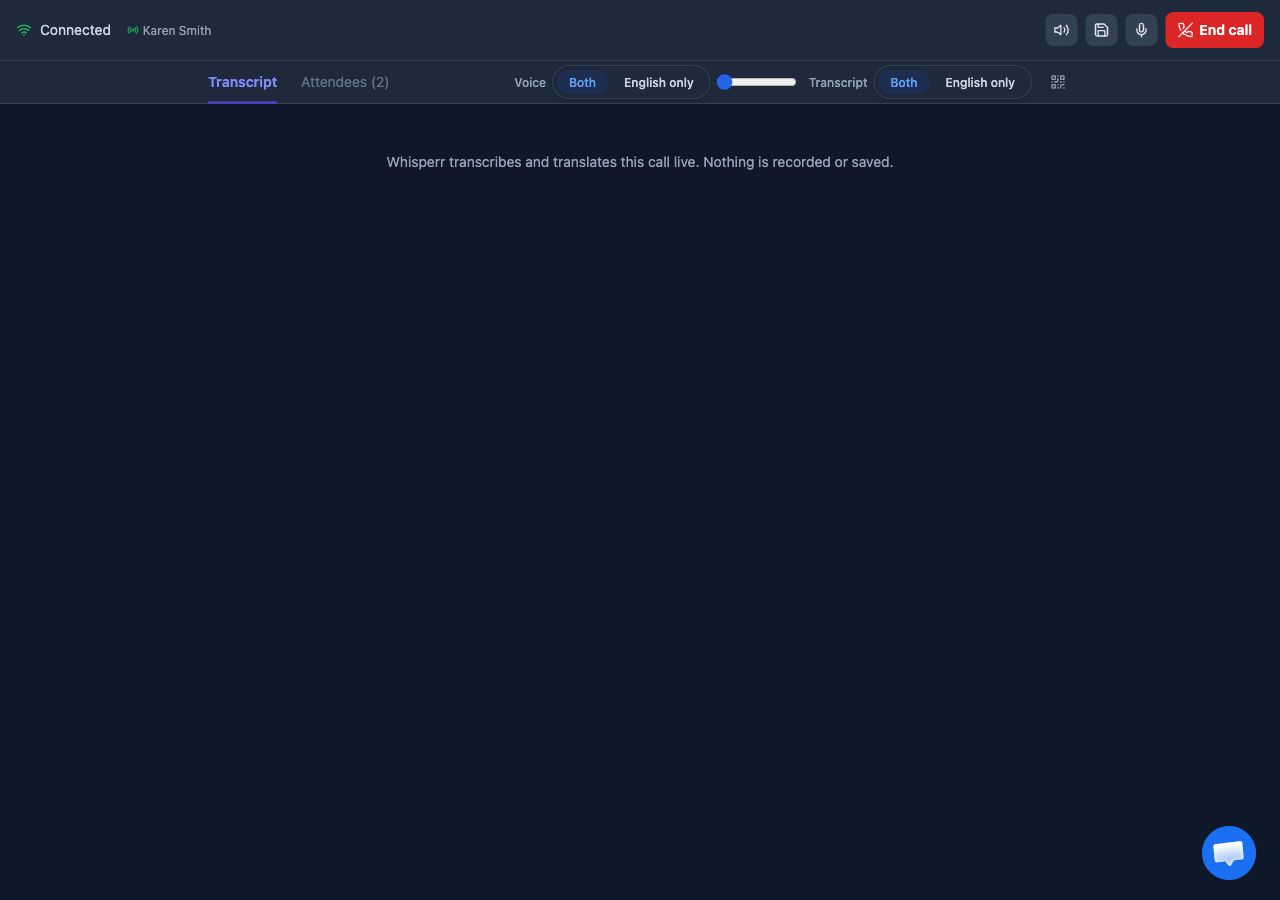 A translated call in progress with two participants, showing the transcript, attendees, and voice controls