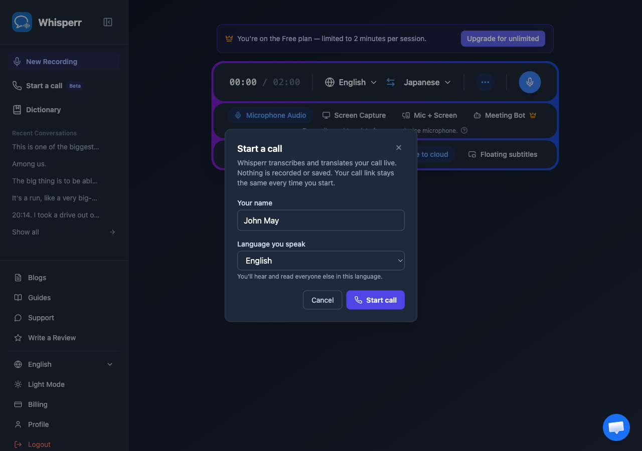 The Start a call dialog with a name and language field