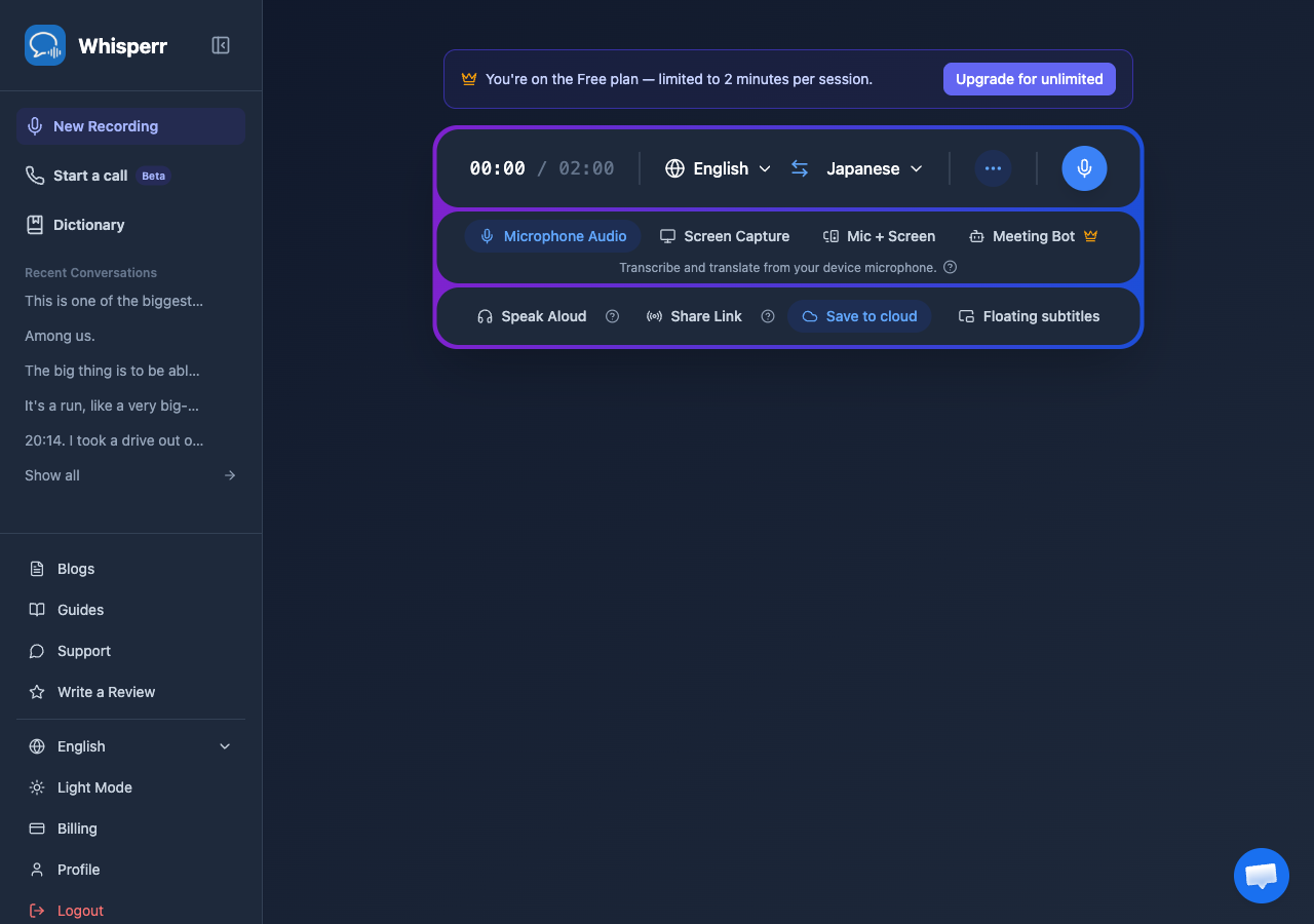 The Start a call entry in the Whisperr Web App sidebar