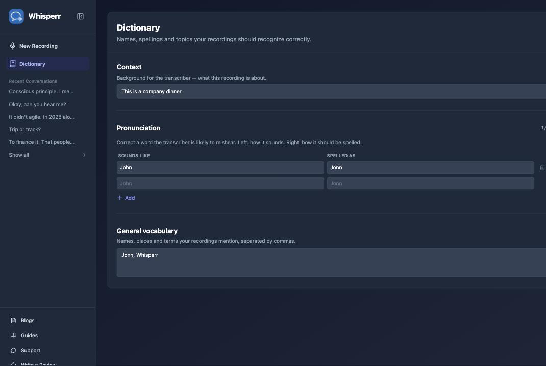 The Dictionary page in the Whisperr Web App, with Context, Pronunciation, and General vocabulary sections