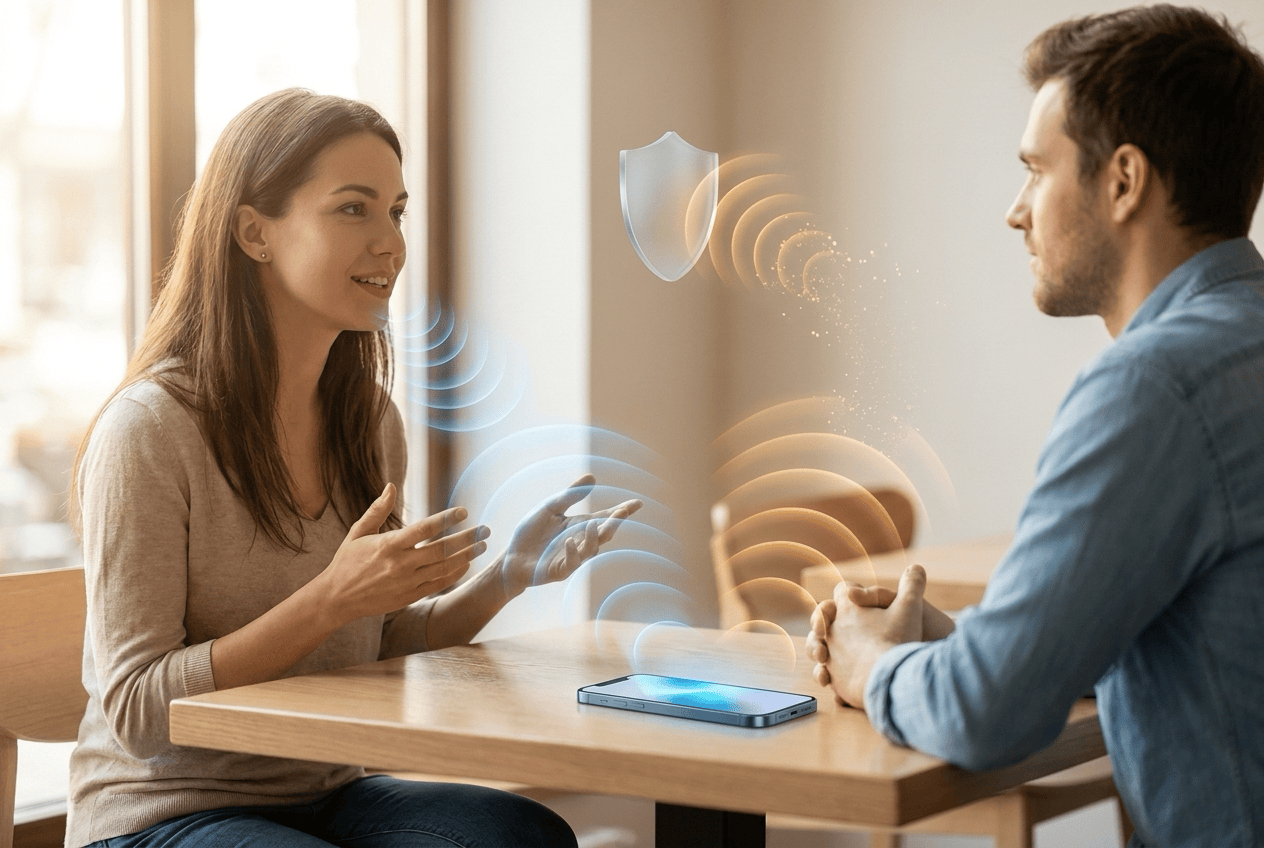 Two people talking across a cafe table with a phone between them: the speaker's voice flows into the phone as blue sound waves, while amber waves from the phone's own speaker loop back and dissolve against a shield before reaching the microphone