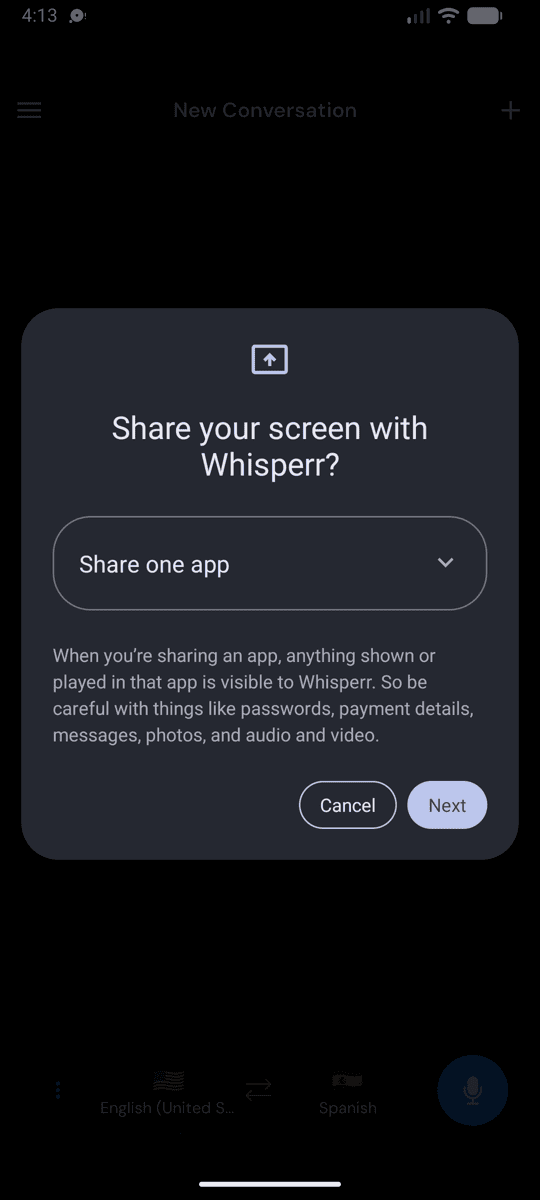 The Share your screen with Whisperr dialog on Android