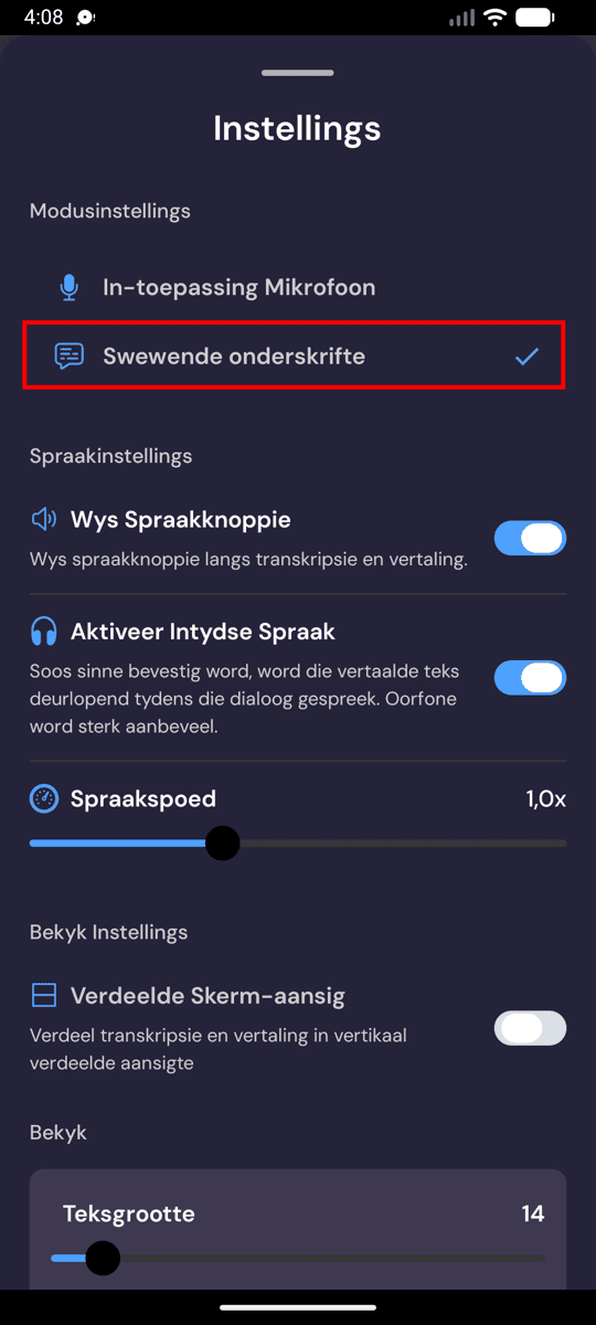 Selecting Floating subtitles mode in the Whisperr settings on Android