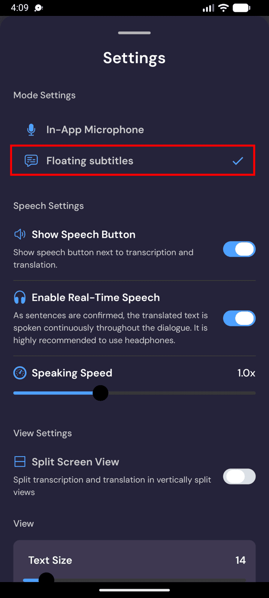 Selecting Floating subtitles mode in the Whisperr settings on Android