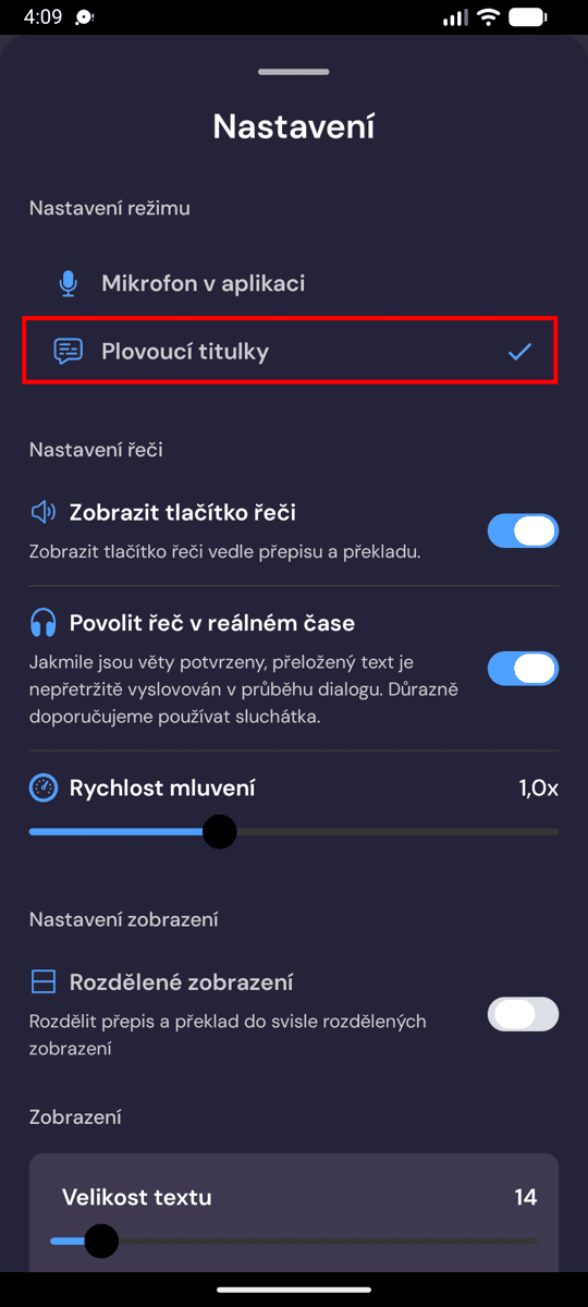 Selecting Floating subtitles mode in the Whisperr settings on Android