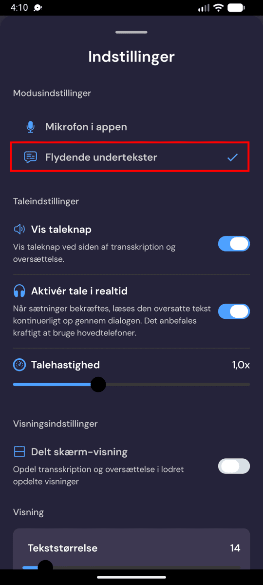 Selecting Floating subtitles mode in the Whisperr settings on Android