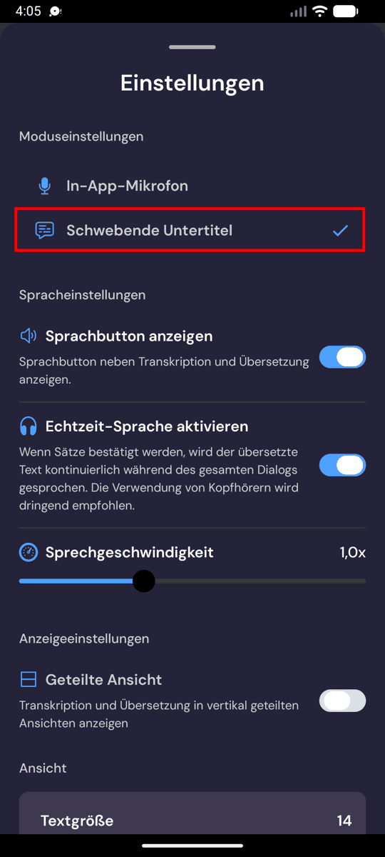Selecting Floating subtitles mode in the Whisperr settings on Android