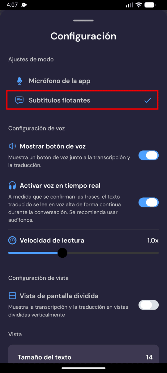 Selecting Floating subtitles mode in the Whisperr settings on Android