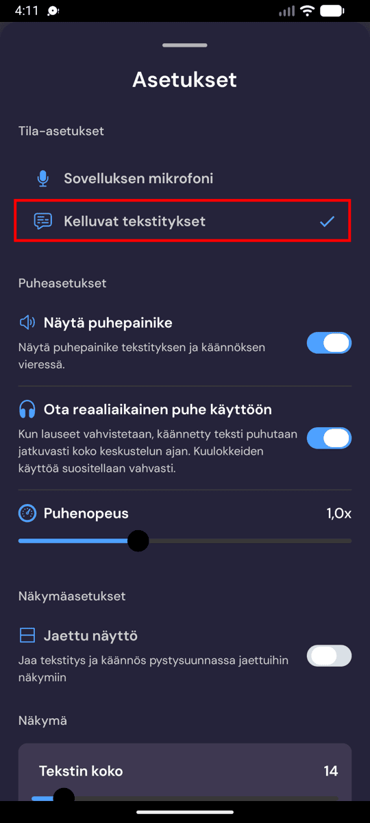 Selecting Floating subtitles mode in the Whisperr settings on Android